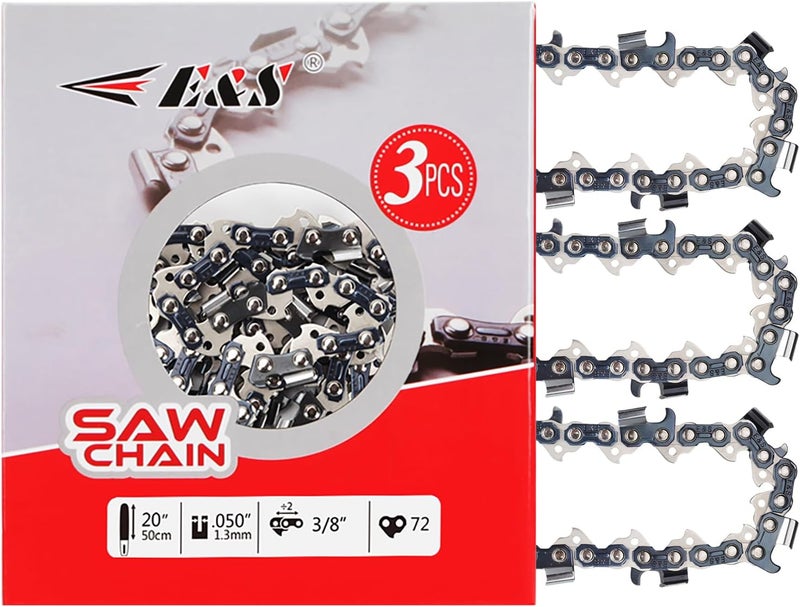 ES 3 Pack 20 Inch Chainsaw Chain 3/8" Pitch .050" Gauge 72 Drive Links Semi-Chisel Chain Saw Chains for Husqvarna, Poulan, Craftsman, Greenworks and More Chainsaw Brands - Image 1